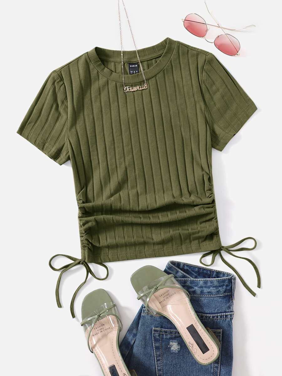 SHEIN EZwear 側抽繩羅紋針織T恤 - 軍綠色 - 查看 1