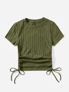 SHEIN EZwear 側抽繩羅紋針織T恤 - 軍綠色 - 查看 3