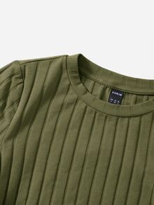 SHEIN EZwear 側抽繩羅紋針織T恤 - 軍綠色 - 查看 4