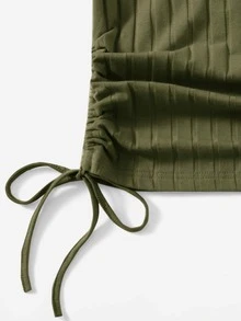 SHEIN EZwear 側抽繩羅紋針織T恤 - 軍綠色 - 查看 5