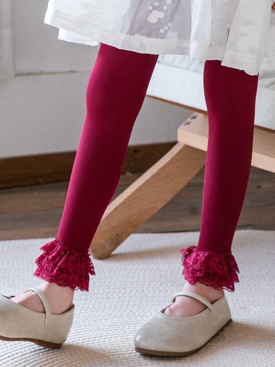 1 đôi quần tất cho bé gái tập đi có viền ren trang trí thanh lịch cho cuộc sống hàng ngày - Đỏ - Xem 1