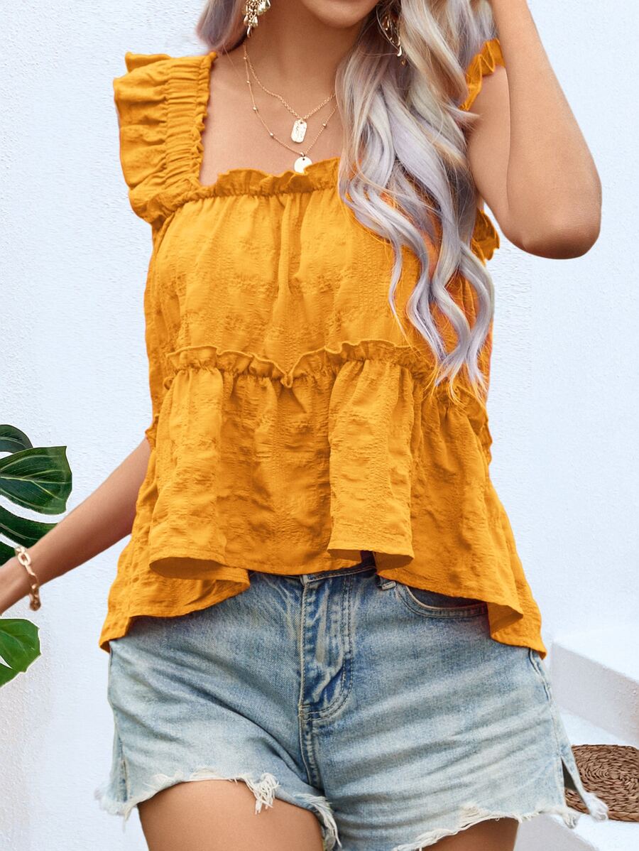 SHEIN VCAY 荷葉邊荷葉邊下擺背心 - 黃色 - 查看 1