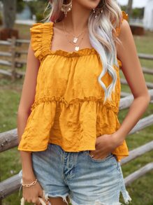 SHEIN VCAY 荷葉邊荷葉邊下擺背心 - 黃色 - 查看 4