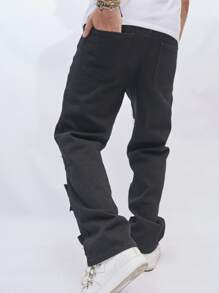 Manfinity Men Raw Trim Patched Detail Jeans - Black - View 3