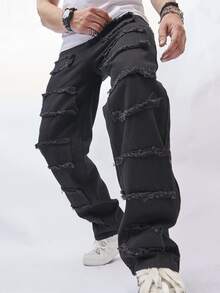 Manfinity Men Raw Trim Patched Detail Jeans - Black - View 4