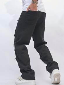 Manfinity Men Raw Trim Patched Detail Jeans - Black - View 5