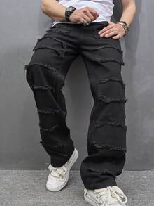 Manfinity Men Raw Trim Patched Detail Jeans - Black - View 6