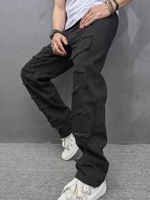 Manfinity Men Raw Trim Patched Detail Jeans - Black - View 7