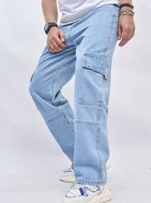 Chillumni Nam Cotton Nắp Túi Bên Hàng Quần Jean Baggy Dài Giặt Jean Đồng Bằng Màu Xanh Nhạt Đảng Dạo Phố Cặp Đôi Phù Hợp - Rửa nhẹ - Xem 1