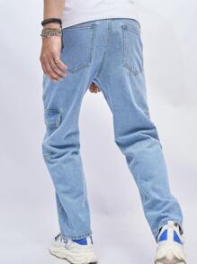 Chillumni Nam Cotton Nắp Túi Bên Hàng Quần Jean Baggy Dài Giặt Jean Đồng Bằng Màu Xanh Nhạt Đảng Dạo Phố Cặp Đôi Phù Hợp - Rửa nhẹ - Xem 2