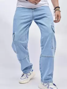 Chillumni Nam Cotton Nắp Túi Bên Hàng Quần Jean Baggy Dài Giặt Jean Đồng Bằng Màu Xanh Nhạt Đảng Dạo Phố Cặp Đôi Phù Hợp - Rửa nhẹ - Xem 3