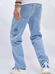 Chillumni Nam Cotton Nắp Túi Bên Hàng Quần Jean Baggy Dài Giặt Jean Đồng Bằng Màu Xanh Nhạt Đảng Dạo Phố Cặp Đôi Phù Hợp - Rửa nhẹ - Xem 4