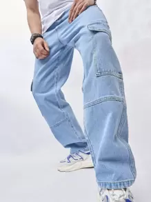 Chillumni Nam Cotton Nắp Túi Bên Hàng Quần Jean Baggy Dài Giặt Jean Đồng Bằng Màu Xanh Nhạt Đảng Dạo Phố Cặp Đôi Phù Hợp - Rửa nhẹ - Xem 5