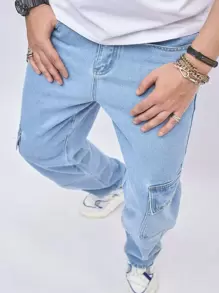 Chillumni Nam Cotton Nắp Túi Bên Hàng Quần Jean Baggy Dài Giặt Jean Đồng Bằng Màu Xanh Nhạt Đảng Dạo Phố Cặp Đôi Phù Hợp - Rửa nhẹ - Xem 6