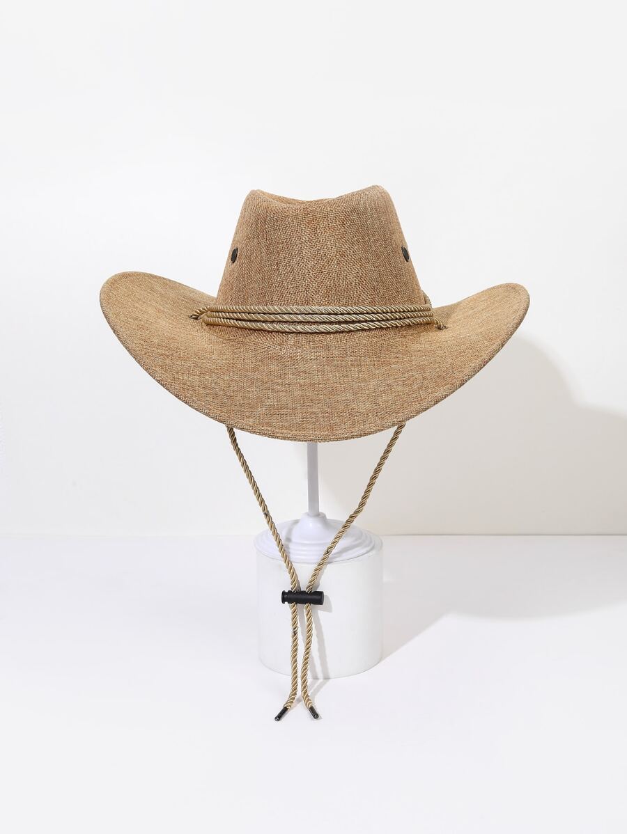 1pc Unisex Rope Decor Sun Protection Cowboy Hat, For Decoration - Khaki - View 1