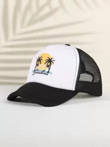 Toddler Kids Coconut Tree & Letter Graphic Trucker Hat - Black and White - View 1