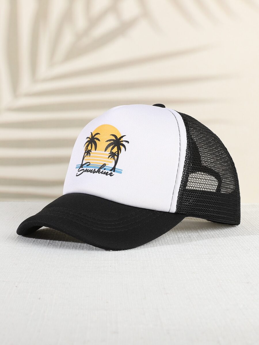 Toddler Kids Coconut Tree & Letter Graphic Trucker Hat - Black and White - View 1