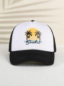 Toddler Kids Coconut Tree & Letter Graphic Trucker Hat - Black and White - View 2