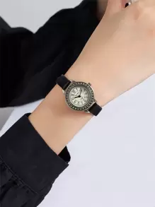 VIKEC 1pc Black PU Polyurethane Strap Fashion Arabic Numeral Scale Round Dial Quartz Watch, For Daily Life