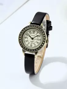 VIKEC 1pc Black PU Polyurethane Strap Fashion Arabic Numeral Scale Round Dial Quartz Watch, For Daily Life