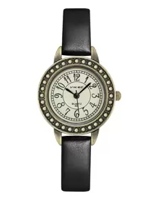 VIKEC 1pc Black PU Polyurethane Strap Fashion Arabic Numeral Scale Round Dial Quartz Watch, For Daily Life