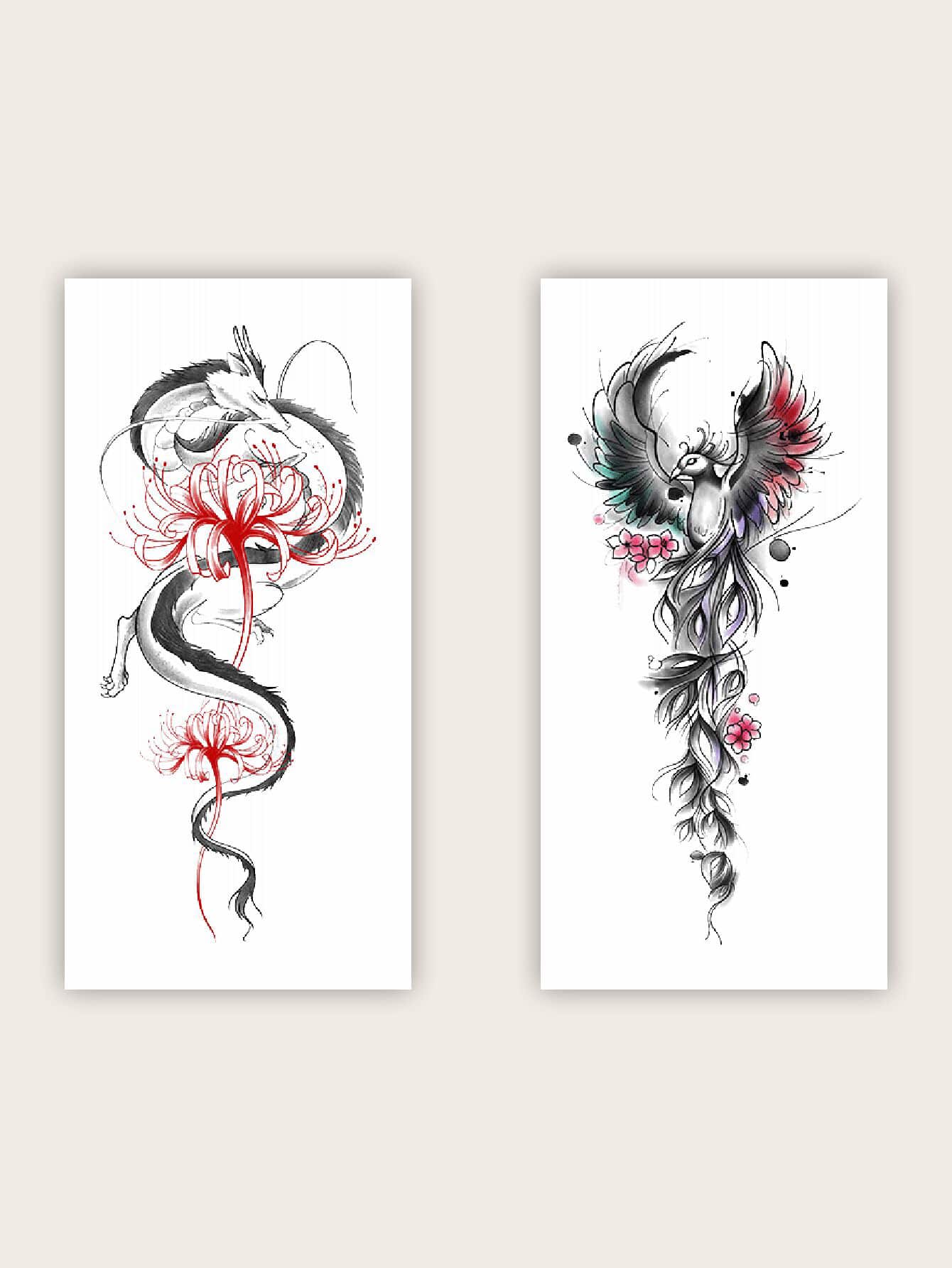 2 hojas Pegatina tatuaje dragón chino & con patrón de fénix - Multicolor - Ver 1