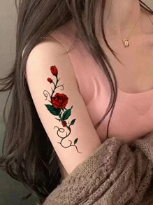 1 張全臂玫瑰圖案紋身貼紙 - 彩色 - 查看 2