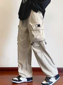 Manfinity Roghcode 男士鬆身cargo褲,可調節束口腰帶,字母補丁和實用口袋 - 杏色 - 查看 4