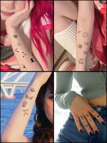 Kits de pegatinas de tatuajes, 4 hojas de tatuajes temporales con bonitos patrones mixtos para mujeres, pegatinas de tatuajes para adultos, flor de tatuaje realista, estrella, luna, para mujeres y niñas - Negro - Ver 1