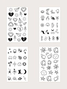 Kits de pegatinas de tatuajes, 4 hojas de tatuajes temporales con bonitos patrones mixtos para mujeres, pegatinas de tatuajes para adultos, flor de tatuaje realista, estrella, luna, para mujeres y niñas - Negro - Ver 2