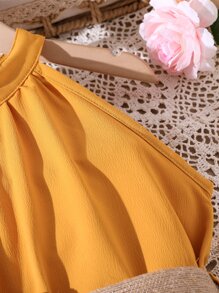 女孩素色腰帶掛脖連衣裙 - 薑色 - 查看 3