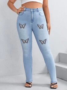 SHEIN Plus Butterfly Print Skinny Jeans - Light Wash - View 2