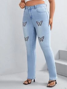 SHEIN Plus Butterfly Print Skinny Jeans - Light Wash - View 1