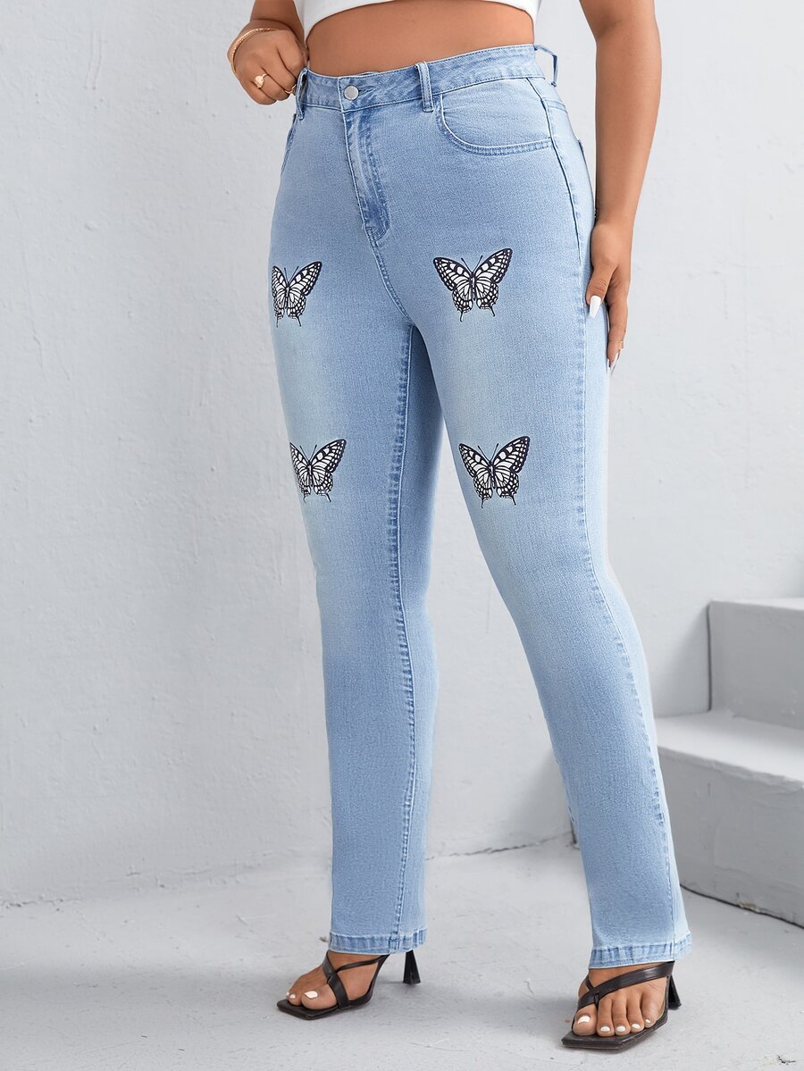 SHEIN Plus Butterfly Print Skinny Jeans - Light Wash - View 1