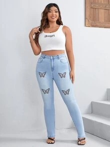 SHEIN Plus Butterfly Print Skinny Jeans - Light Wash - View 4