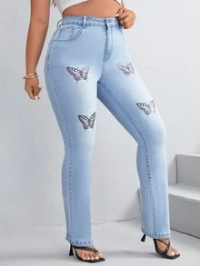 SHEIN Plus Butterfly Print Skinny Jeans - Light Wash - View 5