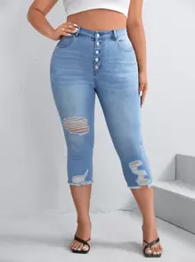 SHEIN Essnce Plus Button Fly Ripped Raw Cut Skinny Jeans - Light Wash - View 1