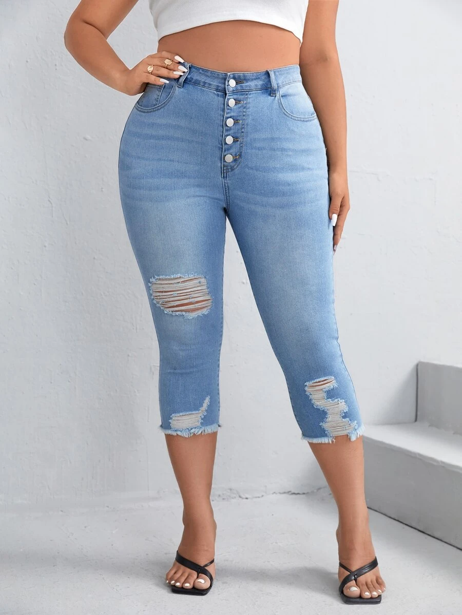 SHEIN Essnce Plus Button Fly Ripped Raw Cut Skinny Jeans - Light Wash - View 1