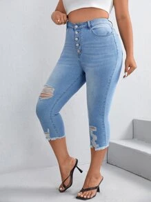 SHEIN Essnce Plus Button Fly Ripped Raw Cut Skinny Jeans - Light Wash - View 3