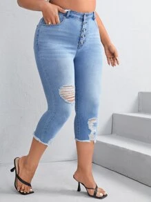 SHEIN Essnce Plus Button Fly Ripped Raw Cut Skinny Jeans - Light Wash - View 4