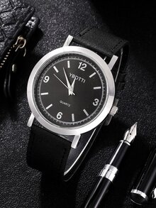 男士圓形指針石英手錶 - 黑色 - 查看 2