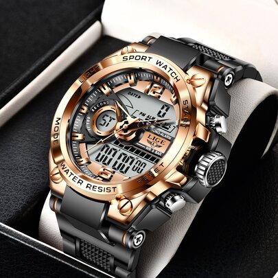 LIGE 1pc Black Silicone Strap Casual Date Calendars 24 Hour Round Dial Digital Watch, For Daily Life