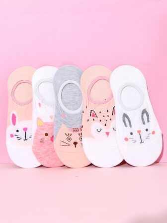 5pairs Women Cartoon Rabbit & Cat Pattern Cute Invisible Socks For Daily Life