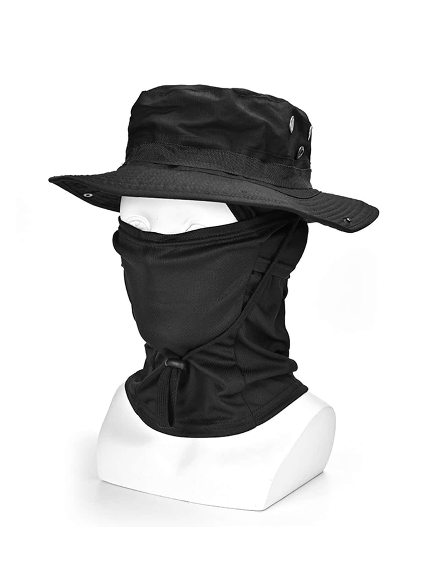 1pc Men Solid Snap Button Casual Bucket Hat & 1pc Balaclava Cap For Outdoor - Black - View 1