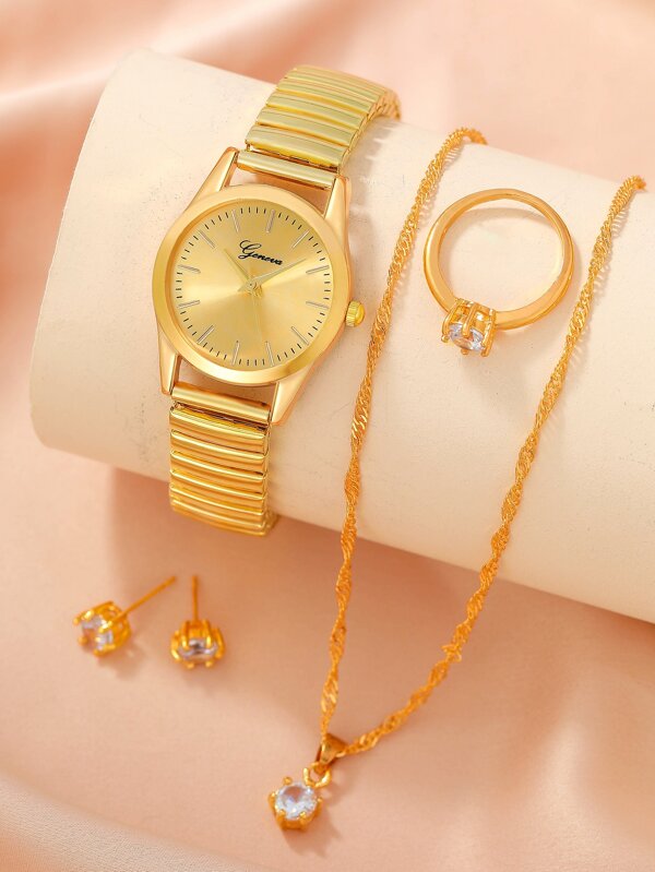 5 pièces Ensemble de montres pour femmes, cadran numérique de style romain, montre à quartz de mode décontractée avec accessoires de bijoux. Ensemble comprenant un collier, des boucles d'oreilles et une bague ornés de strass. Idéal pour les célébrations de mariage, les cadeaux d'entreprise, les réunions annuelles, les cadeaux pour employés, les femmes d'affaires haut de gamme, les tenues quotidiennes, les cadeaux d'anniversaire, les fêtes de vacances, les fêtes, les vacances à la plage, les cadeaux de la Saint-Valentin, pour les femmes, la famille, les amis, les mères, les étudiants, les adolescents, les filles - le cadeau parfait