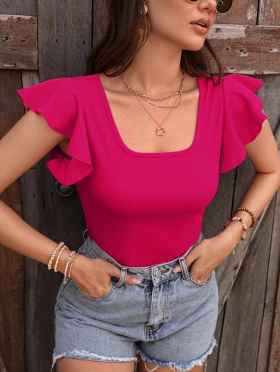 SHEIN Privé Women's Square Neck Ruffle Short Sleeve T-Shirt Pink Shirt