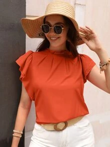 SHEIN LUNE Blusa de cuello con fruncido de manga mariposa ribete con fruncido - Naranja - Ver 5