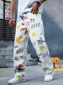 Manfinity Men Star And Letter Graphic Straight Leg Jeans - White - View 3