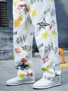 Manfinity Men Star And Letter Graphic Straight Leg Jeans - White - View 7