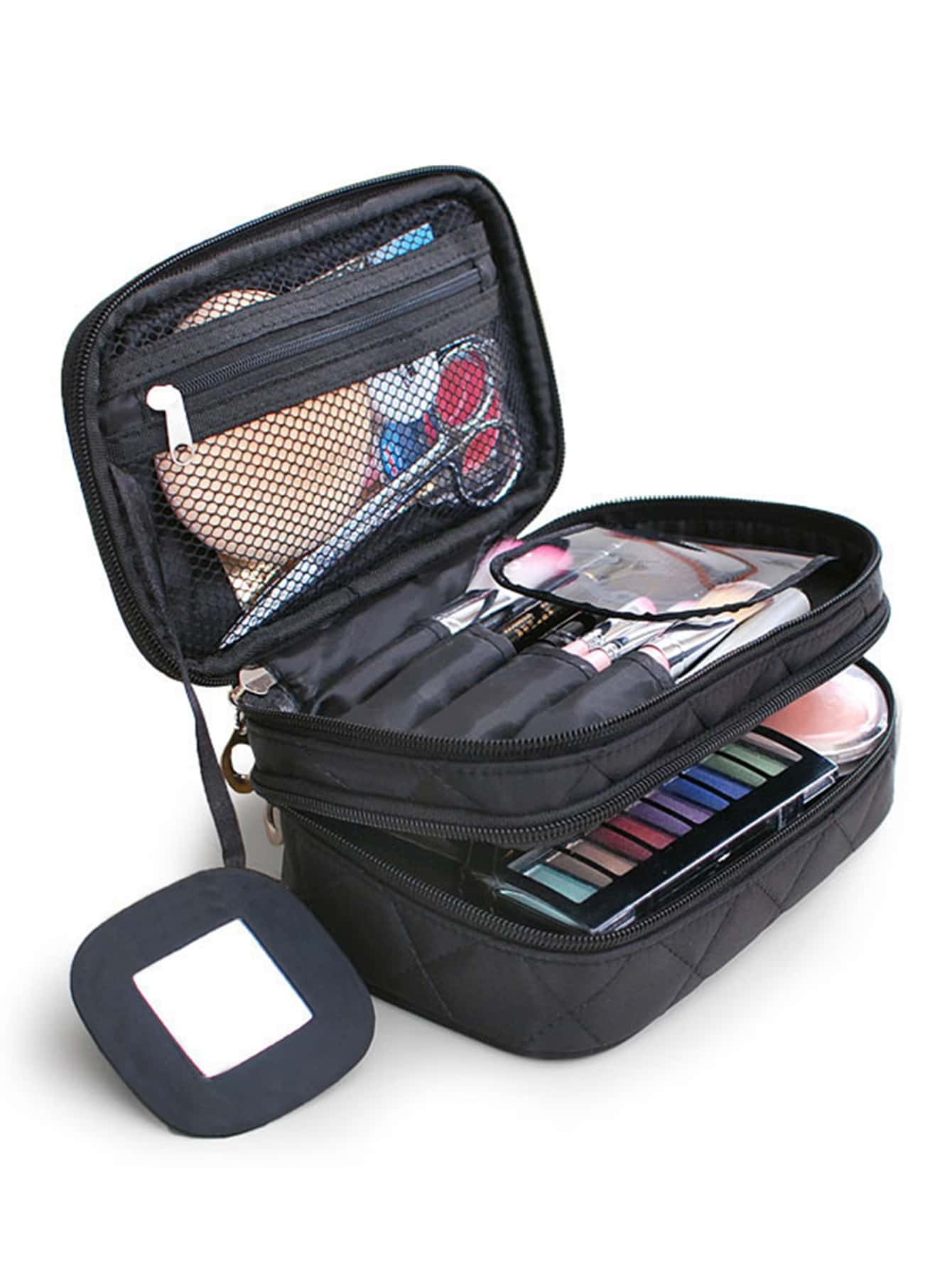 1pc Rhombus Black Double Layer With Mirror Large Capacity Portable Makeup Bag For Women Girls Storage Makeup Organizer Makeup Case - Black - View 1
